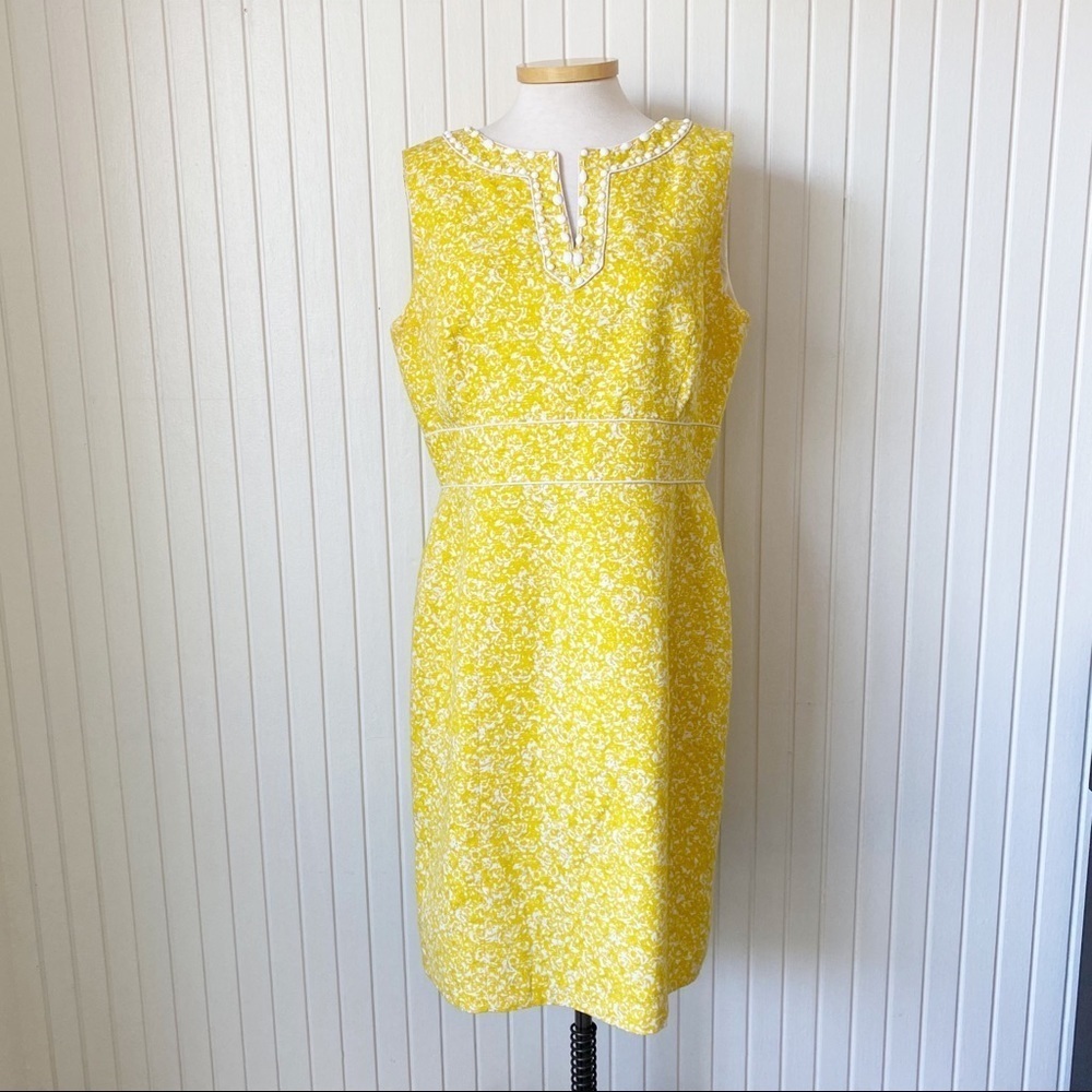 Tahari Arthur S. Levine Yellow & White Sheath Dress Jeweled Neckline Size 14